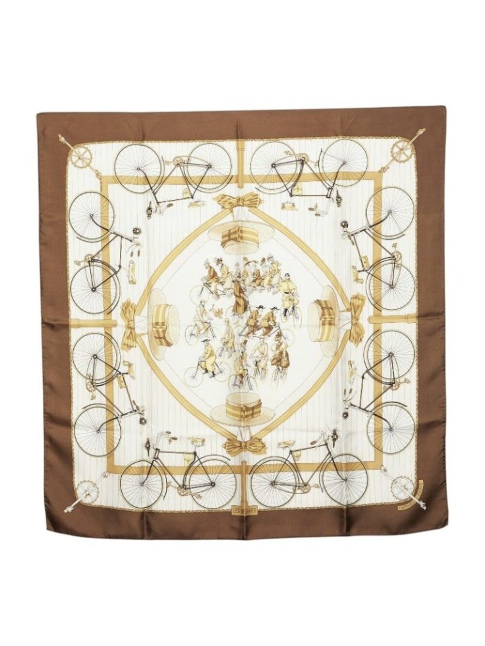 Hermes Carre 90 les Becanes Bicycle Scarf Brown White Multicolor Silk - Picture 1 of 5